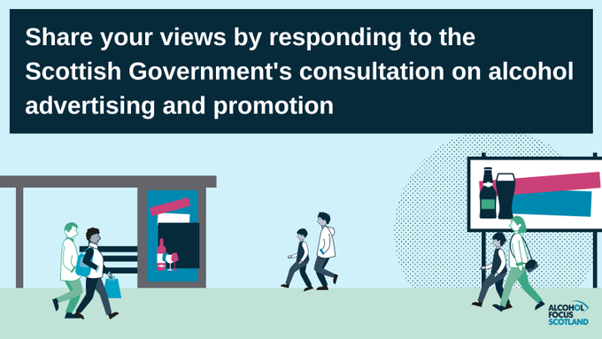 Graphic shows children and adults walking along a street. Alcohol adverts are visible on a large billboard and in a shop window.