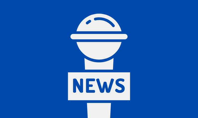 Blue background with a white microphone and a small sign reading "NEWS"