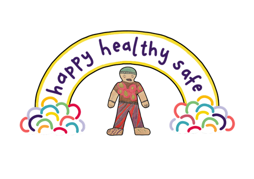 Project logo with a person drawn by a child standing under a rainbow that says 'happy, healthy, safe'