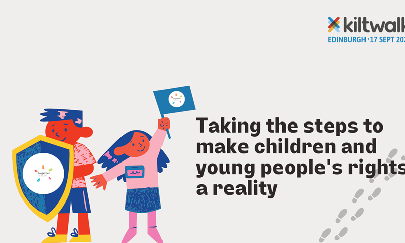 Kiltwalk logo, 'take the steps to make children and young people's rights a reality' graphic