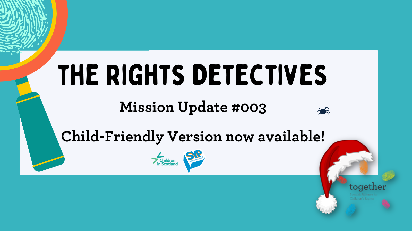 The title of report in middle with text box, large magnifying glass, finger print and Santa hat