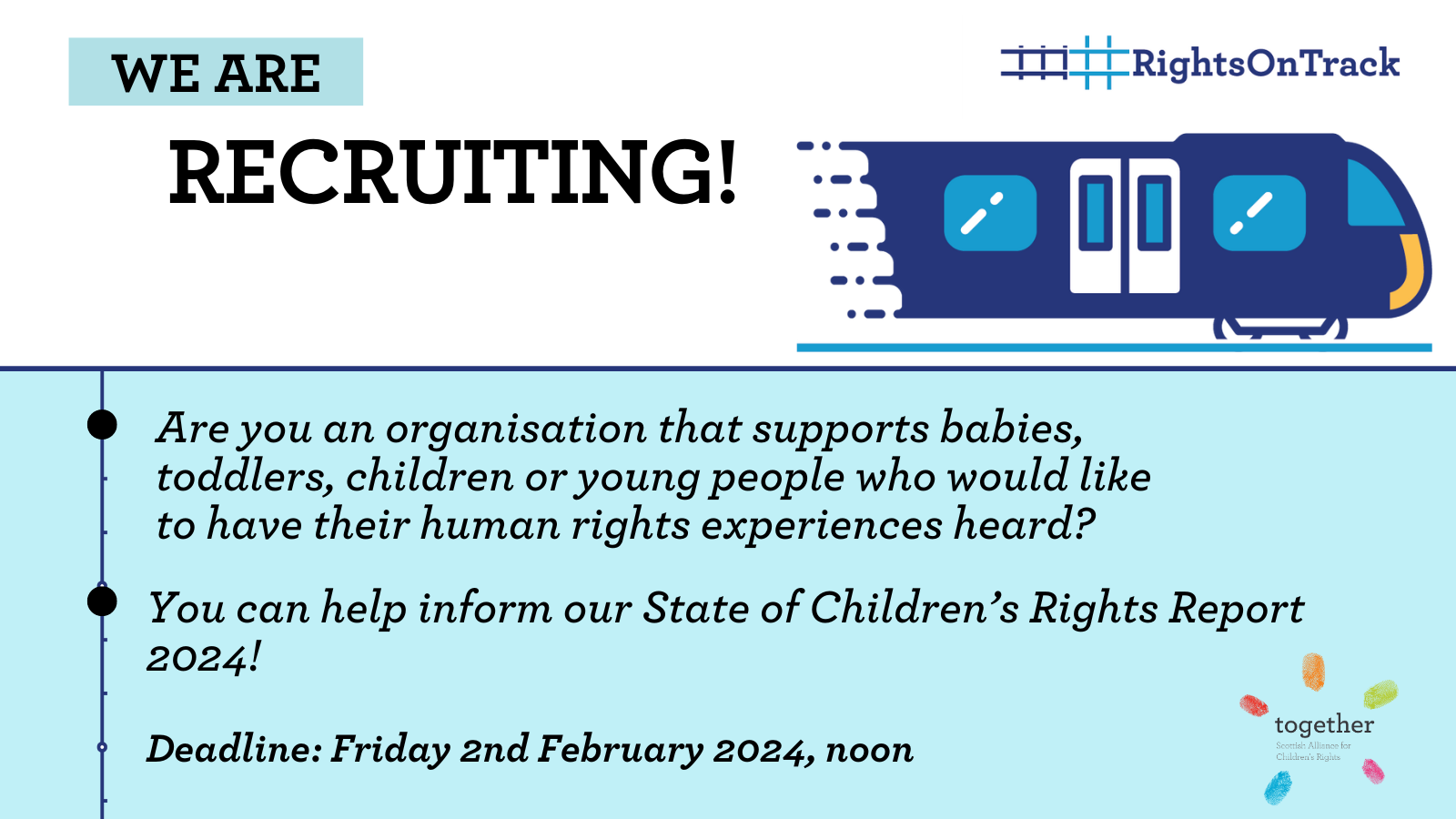 No Recruiting: Are you an organisation that supports children and young people have their human rights experiences heard? You can help inform our State of Children’s Rights Report 2024! 
