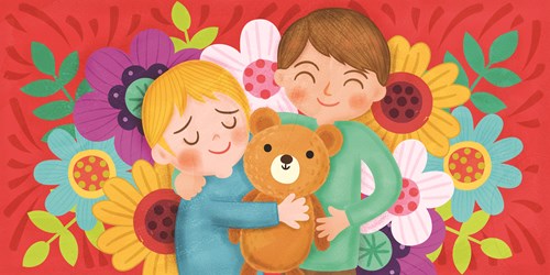 Illustration shows child being comforted with a hug from their carer - and their teddy bear!