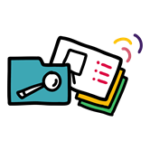 An icon of a folder with a magnifying glass, opening up to show other documents.