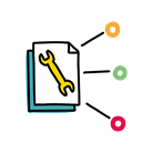 An icon of a page with a spanner on it, with three coloured circles emitting from the page.