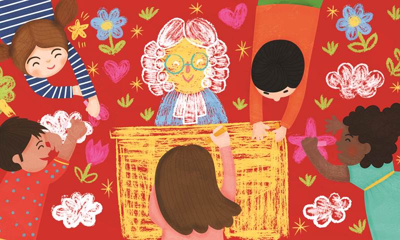 An illustration of a Judge at a desk surrounded by five children playing with flowers on the ground