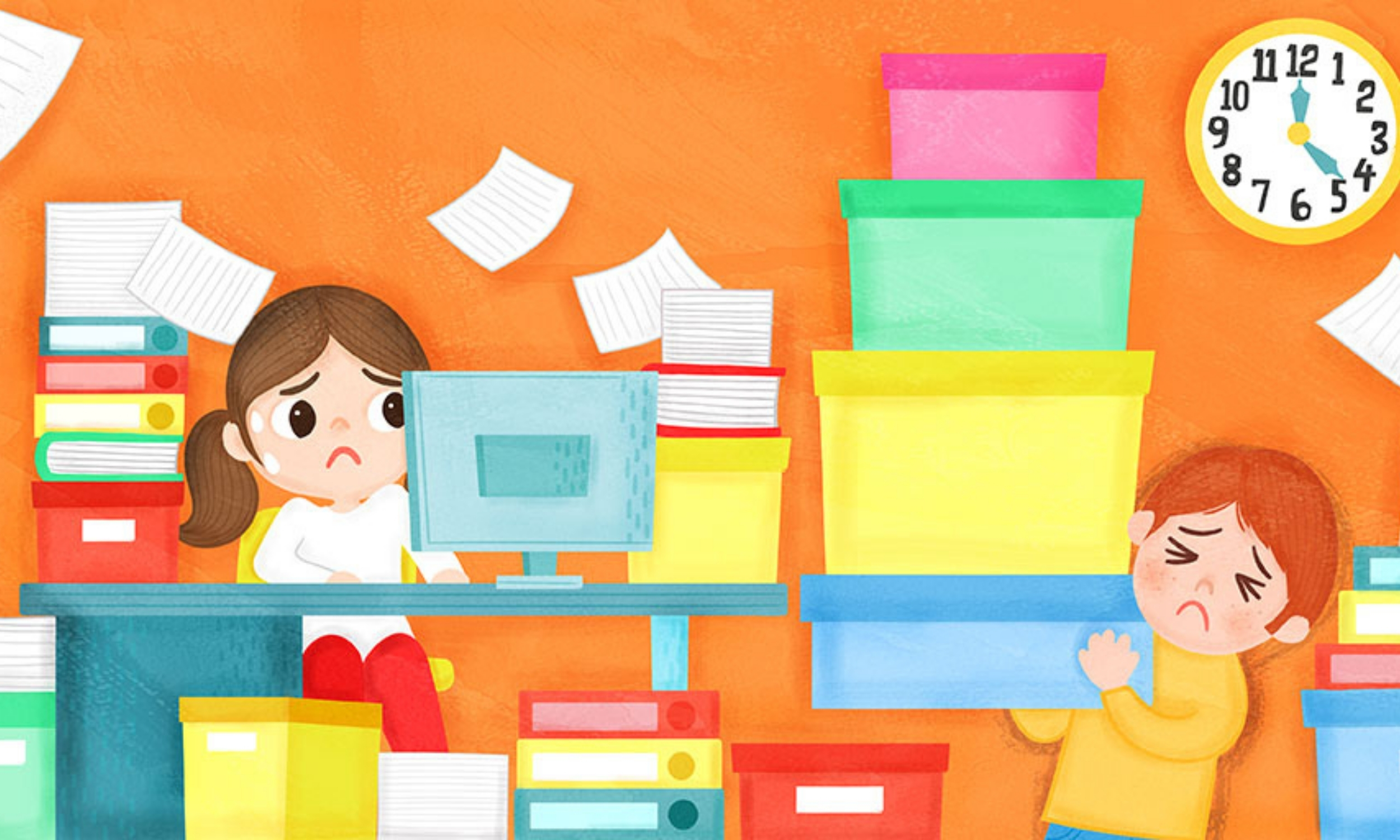 child sitting in front of a computer and another carrying boxes
