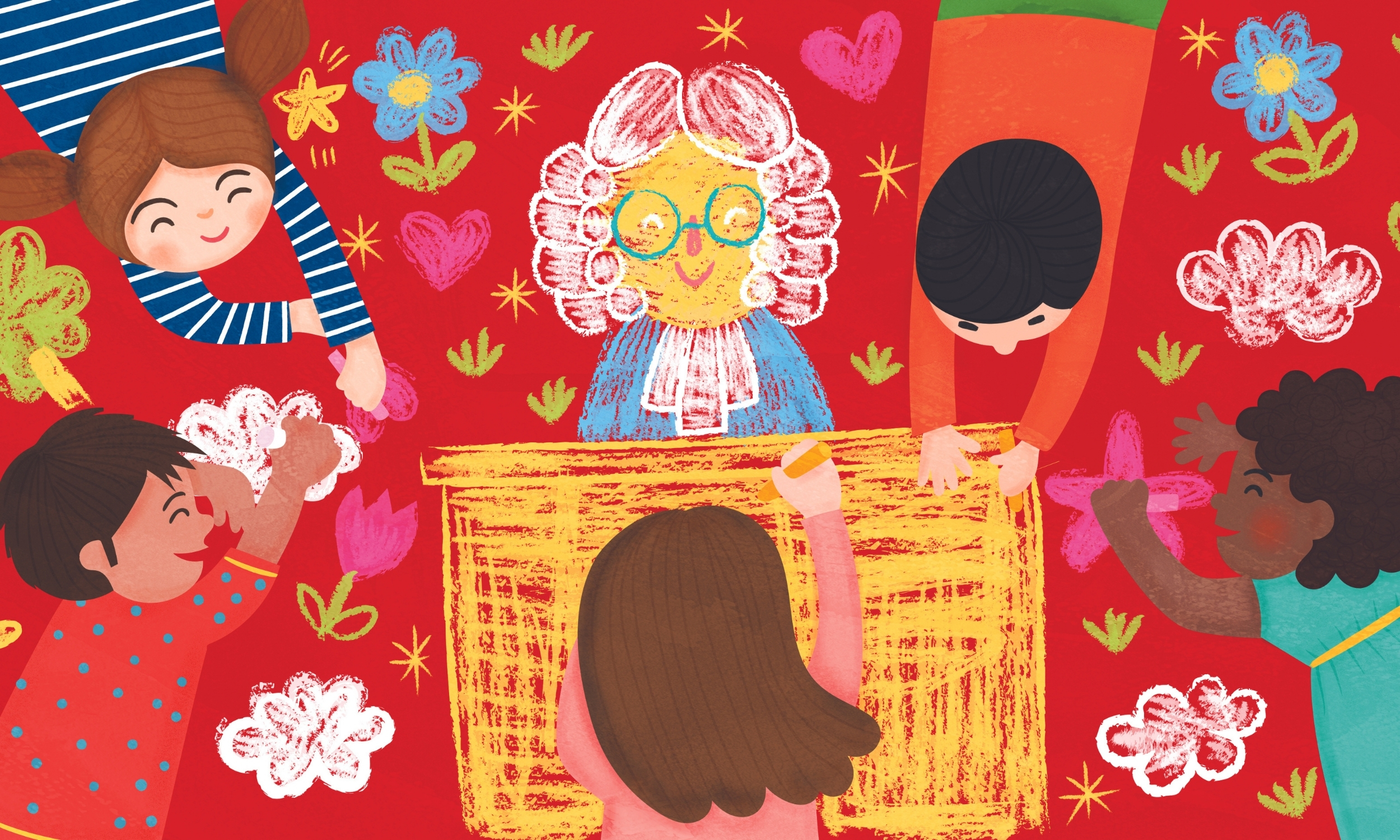 Illustration shows children lying on the floor drawing a picture of a judge with wig and gown.