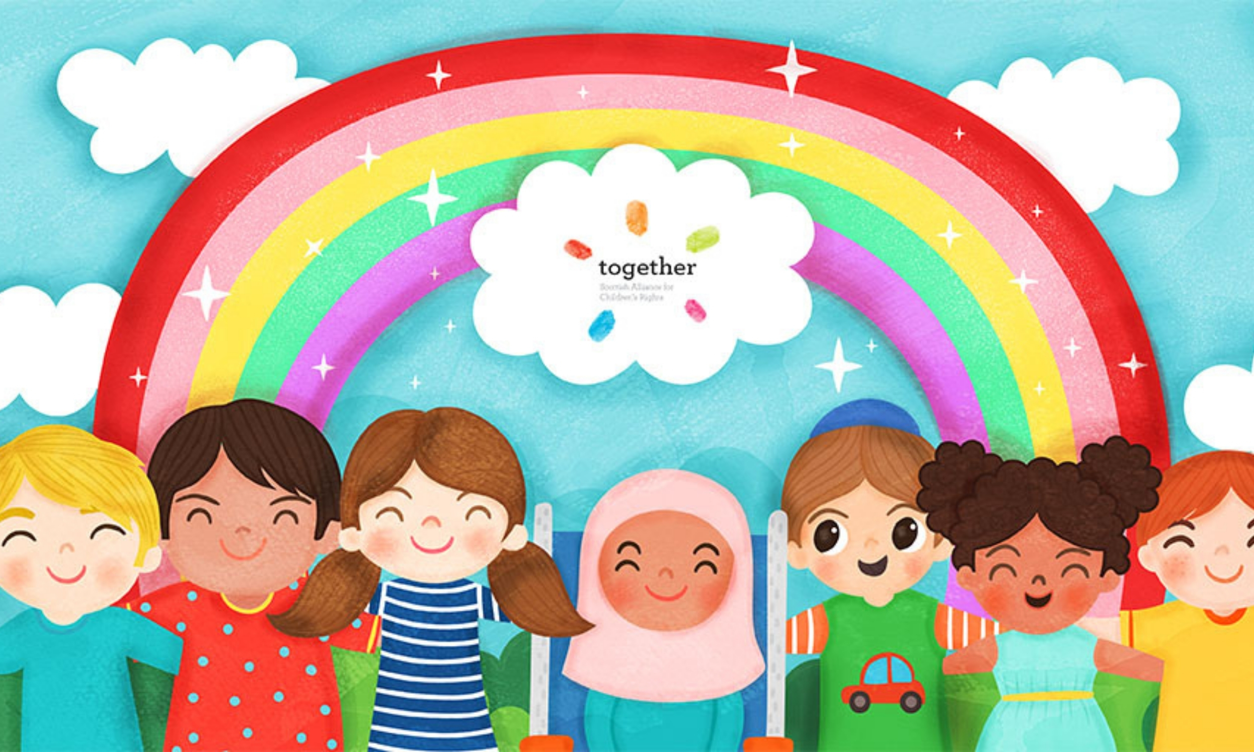 A row of children standing underneath a rainbow and a cloud with the Together logo inside.