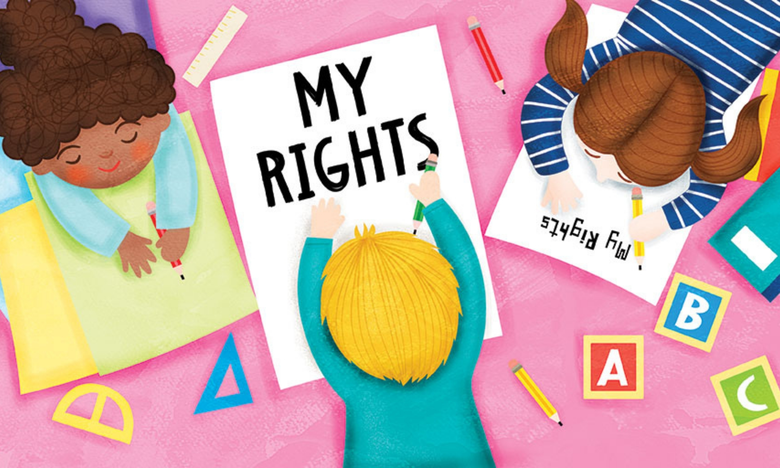 Illustration shows children lying on the ground creating posters about their rights.